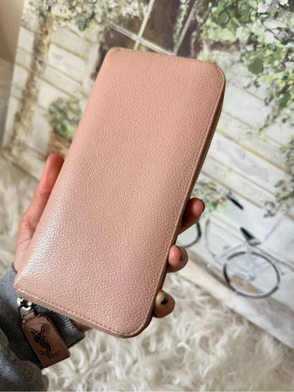 Saint Laurent Blush Pink Zip-Around Pebbled Leather Wallet-pre-loved